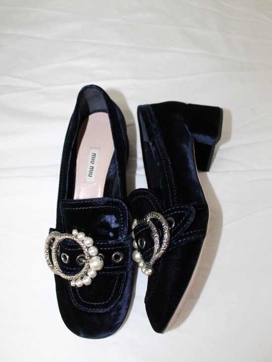 Miu Miu Shoes - MIU MIU Embellished Faux Pearl Velvet Loafers Slip Ons Pumps Blue Chunk Heel 40